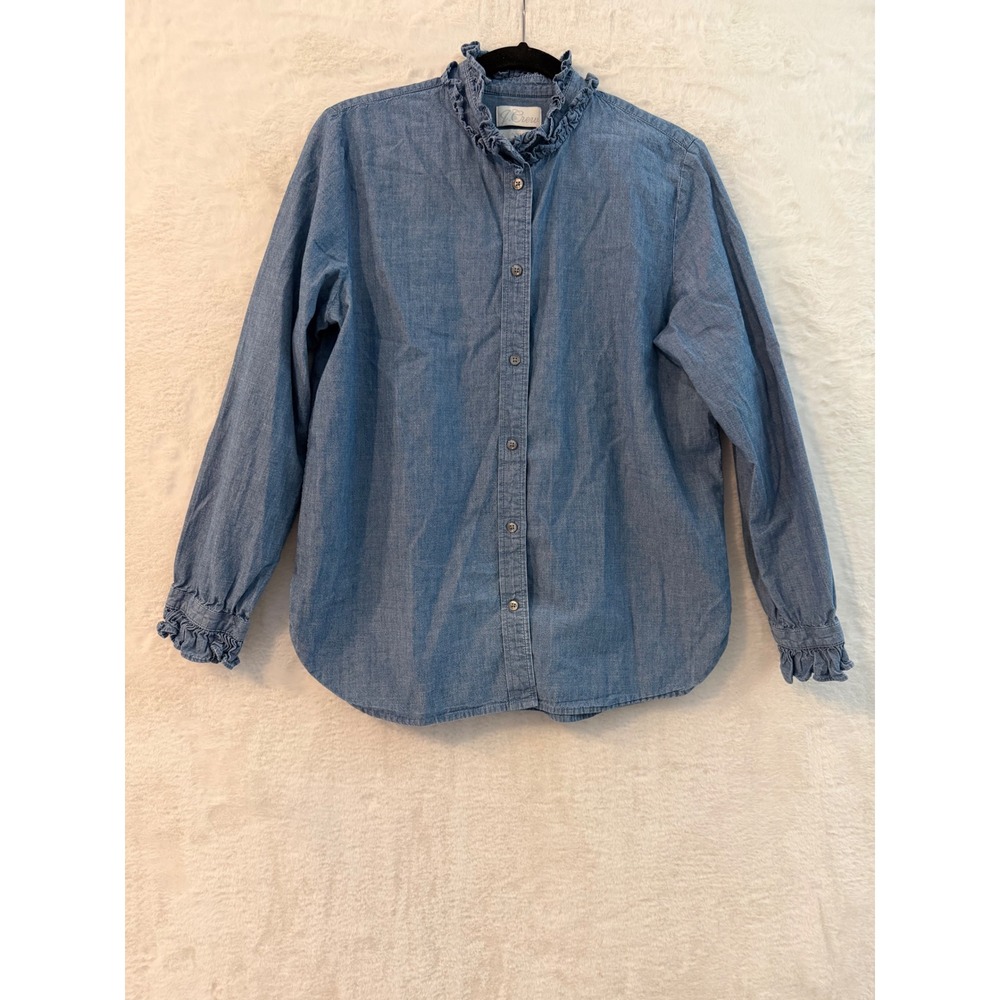 J.Crew Chambray Ruffle Collar Shirt Womens 10 Blue Indigo Cotton Long Sleeve Top